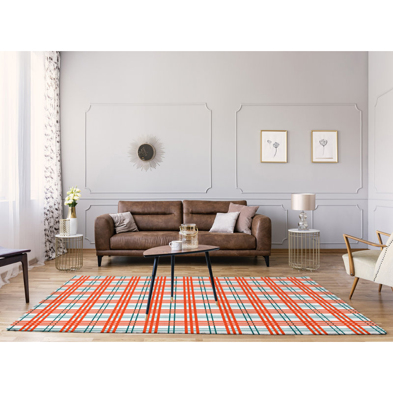 Tapis décoratif bleu fait à la main à carreaux, Rectangle 5 pi x 7 pi