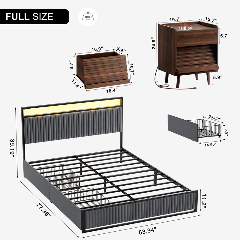 Ensemble de chambre à coucher 3 pièces Grise, lit tapissier avec 2 tiroirs et 2 tables de chevet inclinées, Gris/noyer, Full