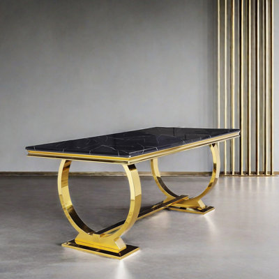 Luxury Kitchen Dining Room Table with Gold Stainless Steel Metal U-Base in White and Gold