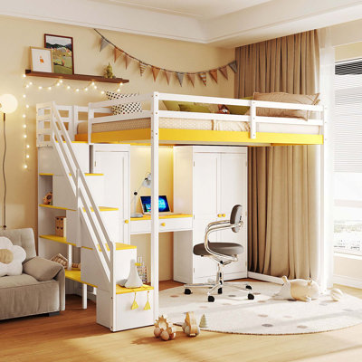 Lit mezzanine double avec escalier de rangement, coiffeuse intégrée avec miroir et tiroirs de rangement, garde-robe et armoires, ports et lumières de chargement USB