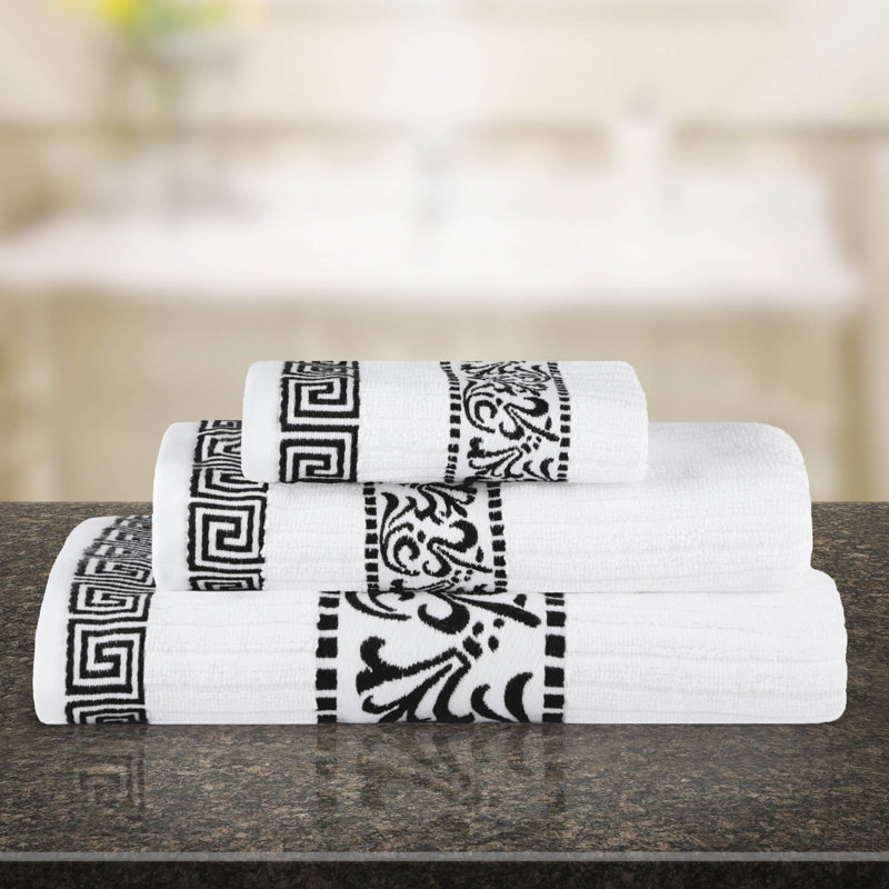 Jiro Athens 100% Cotton Medium Weight Floral Border Assorted Towel Set, White/Black