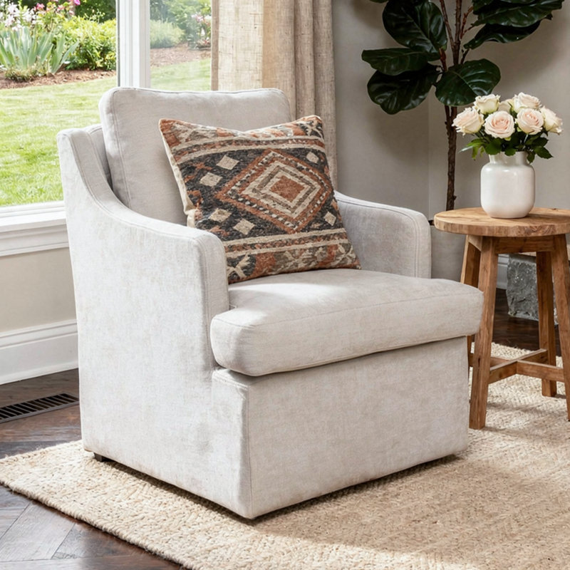Chaise de salle à manger rembourrée pivotante en chenille avec dossier incurvé et accoudoirs, Beige