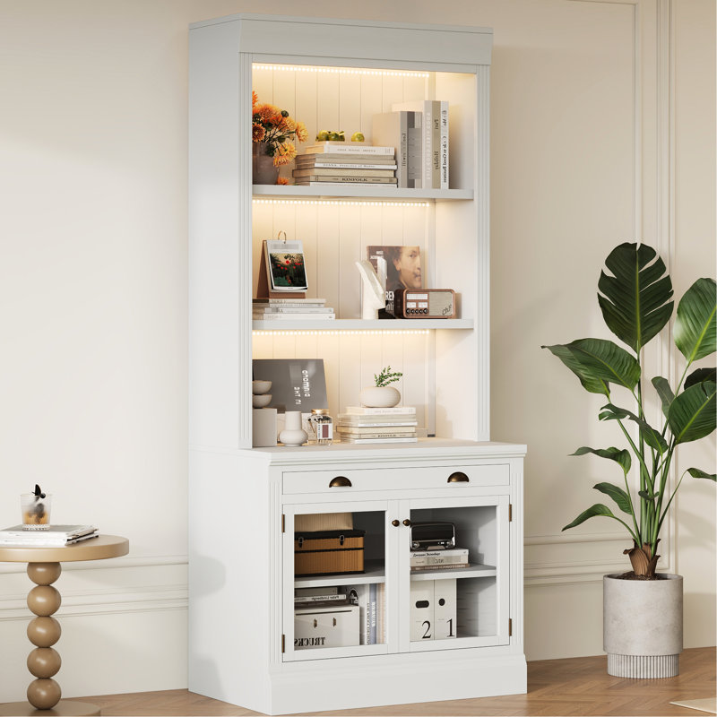 Bibliothèque moderne blanche avec hauteur de 83,4 po, lumières à DEL, 2 portes en verre, 1 tiroir et tablettes de rangement pour l'éclairage du salon, 3 chambres à coucher ouvertes