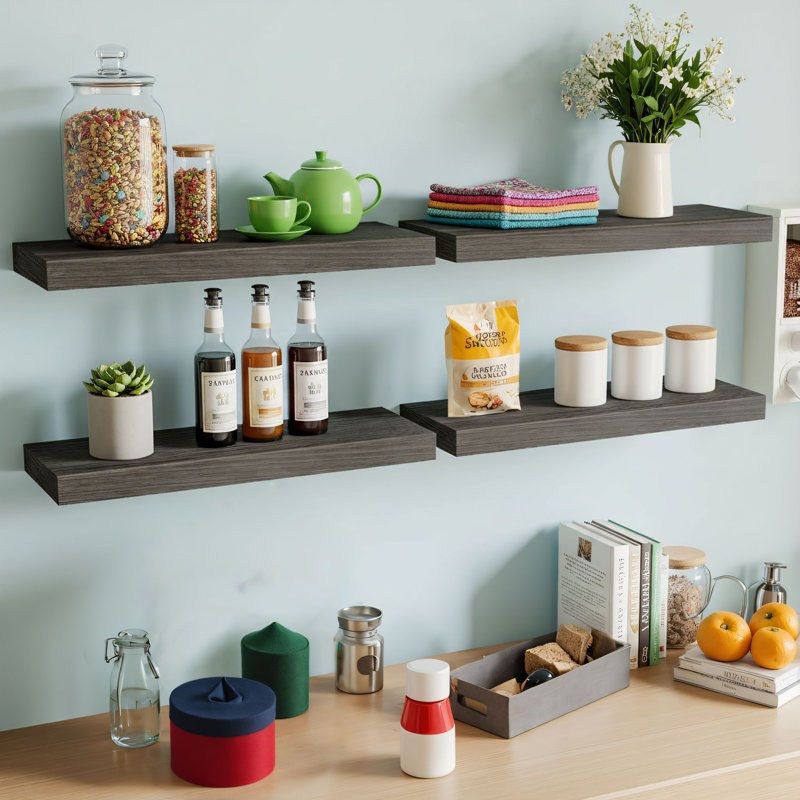 Retro Wood Grain Veneer Gray Wall-Mounted Storage Rack 4-Piece Set, Floating Design With Concealed Bracket, A Wall Decoration, Suitable For Storage In Kitchens, Bathrooms, And Bedrooms.