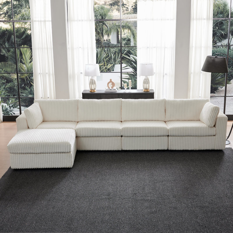 145.7” Upholstered L Shape Sofa Corduroy Sectional Couch, White Corduroy
