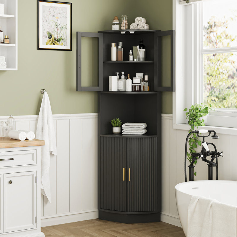 64.9" Tall Corner Cabinet With Glass Door, Black, Gold