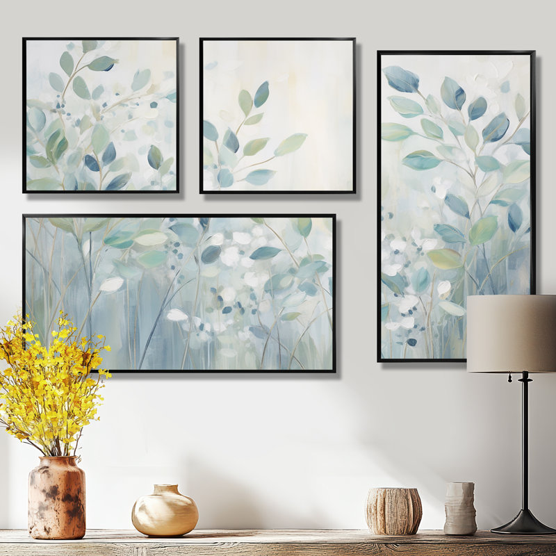 «Blue Botanical Rhythms IV - Abstract Botanicals», art mural sur toile 4 pièces, Impression encadrée sans passe-partout, Noir