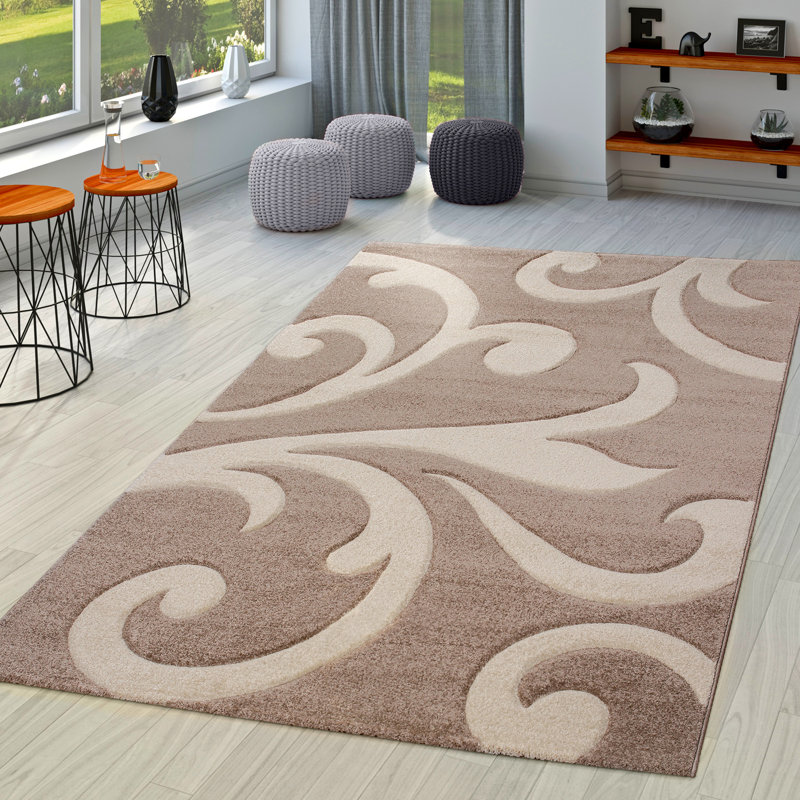 Tapis brun / brun à motif de tourbillons moderne, Rectangle 6 pi 7 po x 9 pi 6 po