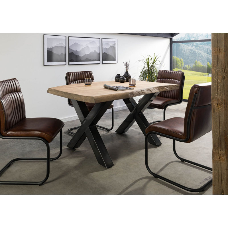 Solid Wood Top Metal Base Dining Table, Anthracite, 77 cm H x 140 cm L x 90 cm D, Beige