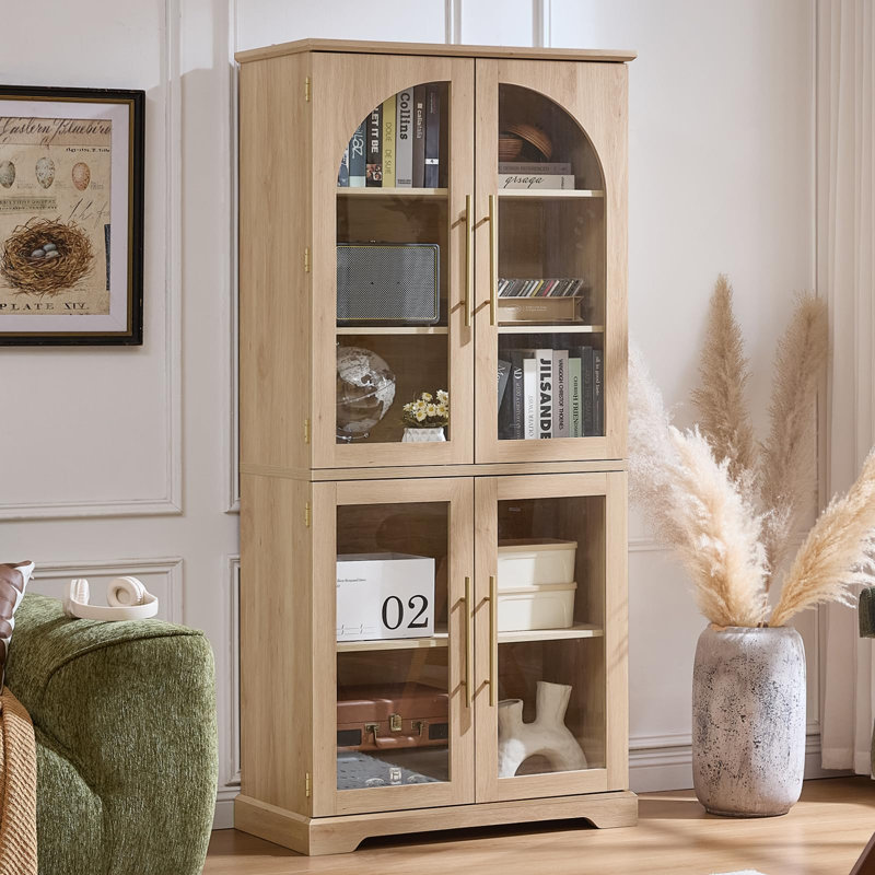 72" Tall Bookshelf with 4 Curved Glass Doors, Farmhouse Bookcase with 3-Tier Adjustable Shelves, Modern Living Room Display Cabinet, Large Storage Cabinet for Home Office,Dining Room (Natural)