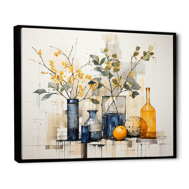 Bleu et jaune agrume Boho Pottery II - Boho Pottery, art mural, Cadre flottant noir, H 30 po x l 40 po x P 1,5 po