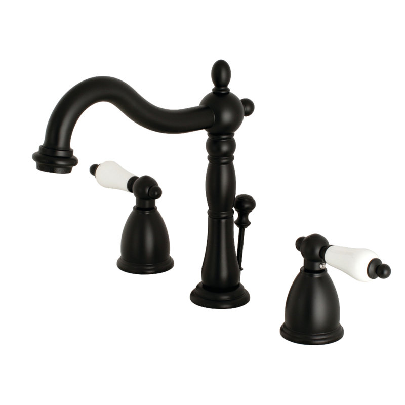 Kingston Brass Heritage Two-Handle 3-Hole Deck Mount Widespread Bathroom Faucet with Brass Pop-Up Drain, Matte Black