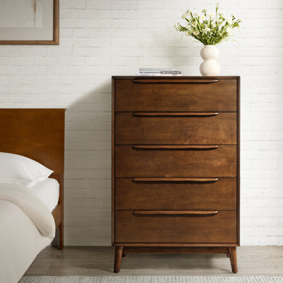 Cleland Mid-Century Modern 5 - Drawer Dresser with Solid Wood Legs and Divided Drawer