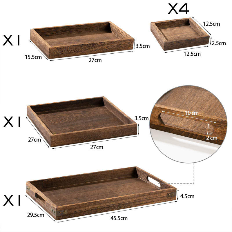 Wooden Service Tray And Handle, Rectangular Plate Entertainment, Breakfast, Coffee Table, (Rustic/7 Pcs)