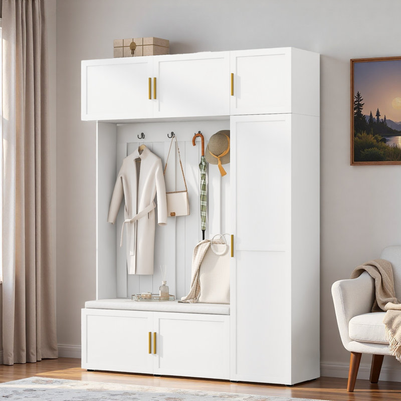 4-in-1 Hall Tree With Padded Bench, 4 Hooks And Multi-tier Storage Shelves, White