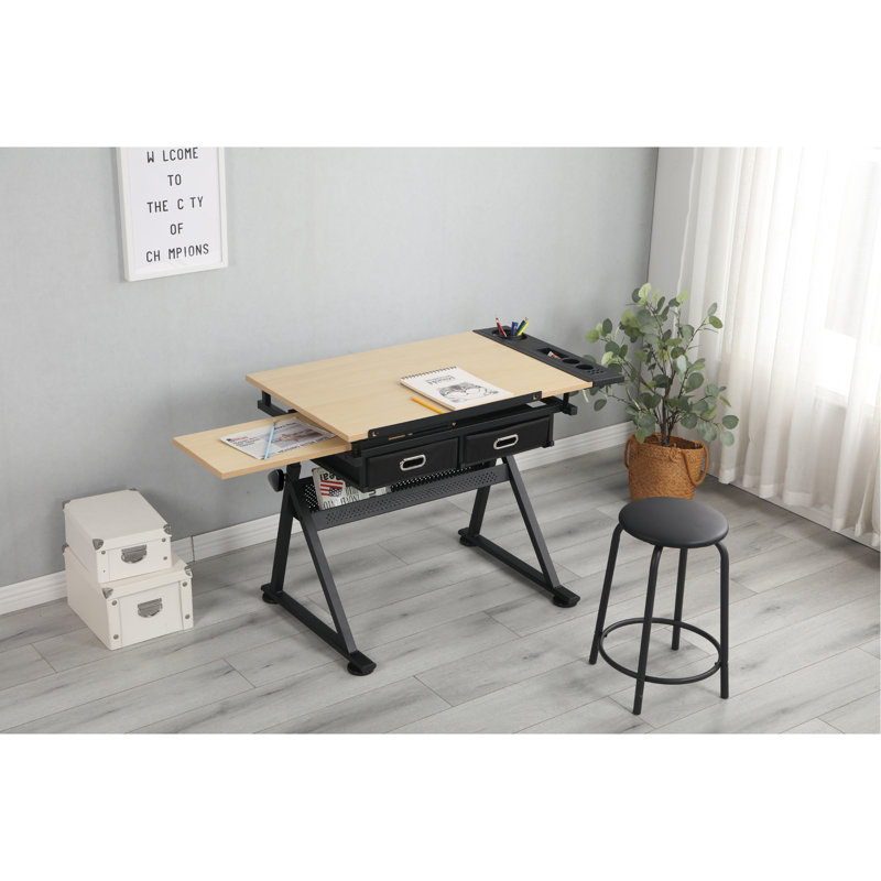 Bureau de dessin réglable avec 2 tiroirs pour bureau à domicile et école avec tabouret
