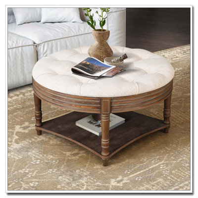 Table basse surdimensionnée rembourrée capitonnée à 2 niveaux avec tablettes en bois