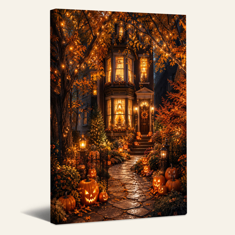 «Lit House with Glowing Jack O Lanterns And String Halloween», art mural, 24"H x 16"W