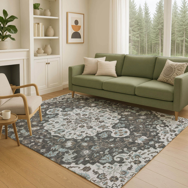 Tapis traditionnel lavable à la machine intérieur / extérieur ACN2463, Argent argent, 8 pi x 10 pi