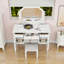 Bureau de coiffeuse avec miroir pivotant, tiroirs, armoires et tabouret