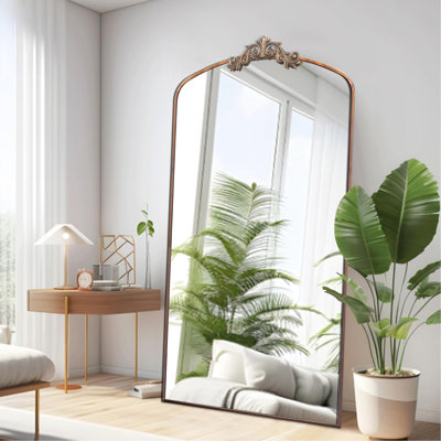 Miroir mural 36 x 66 po (91 x 168 cm) à cadre en métal orné vintage - Style délicat pour chambre, salon ou salle de sport à domicile - Brun et bronze antique - Entrée cintrée