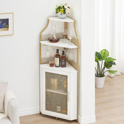 Armoire à vin de coin avec porte-bouteilles amovible, armoire de coin industrielle à 5 niveaux avec porte de grange et porte-verre, armoire de ferme et bar maison, or