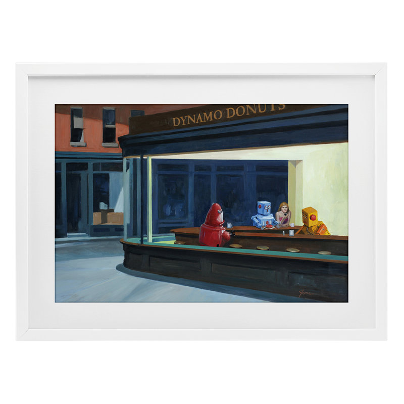 Robots in Donut Shop, reproduction encadrée sous verre, conception par Eric Joyner, Cadre blanc côtier, H 14 po x l 20 po