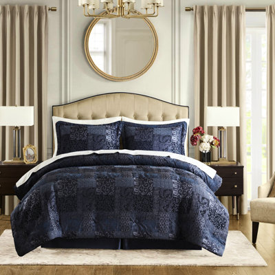 4 Pcs Navy Queen Comforter - 2022 Upgraded For Firmness, . Hidden Zipper, Exquisite Patchwork. 92"w X 96"l, Shams 20"w 26"l+2"d, 60"w 80"l + 15"d, Chenille Front With Durability. , Zipper On Shams.