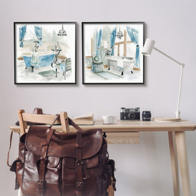 Peinture de salle de bain giclée sur fond bleu et beige, 2 pièces