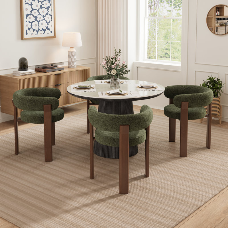 Adwin 4 - Person Dining Table Sets With 47.24" Round Table & 4 Boucle Upholstered Arm Chairs, 5 Pieces: Table, 4 Chairs
