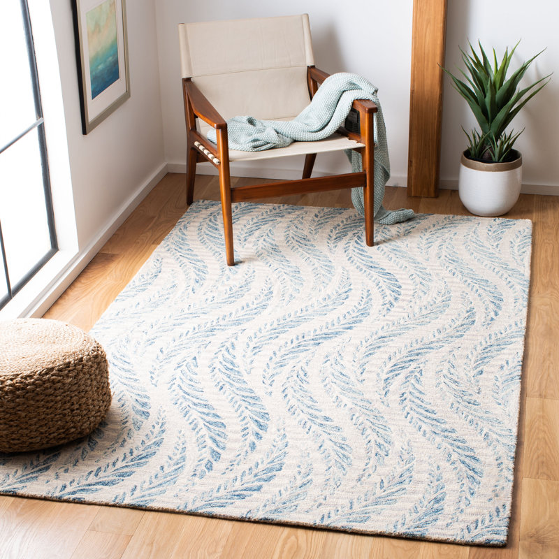 Ryleigh Abstract Handmade Tufted Area Rug in Ivory/Blue, Rectangle 8' x 10'