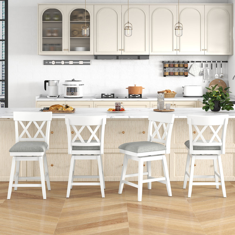 Bar Stool Wooden Chair w/Contoured Backrest Swivel Padded Seat for Kitchen, Gray/White