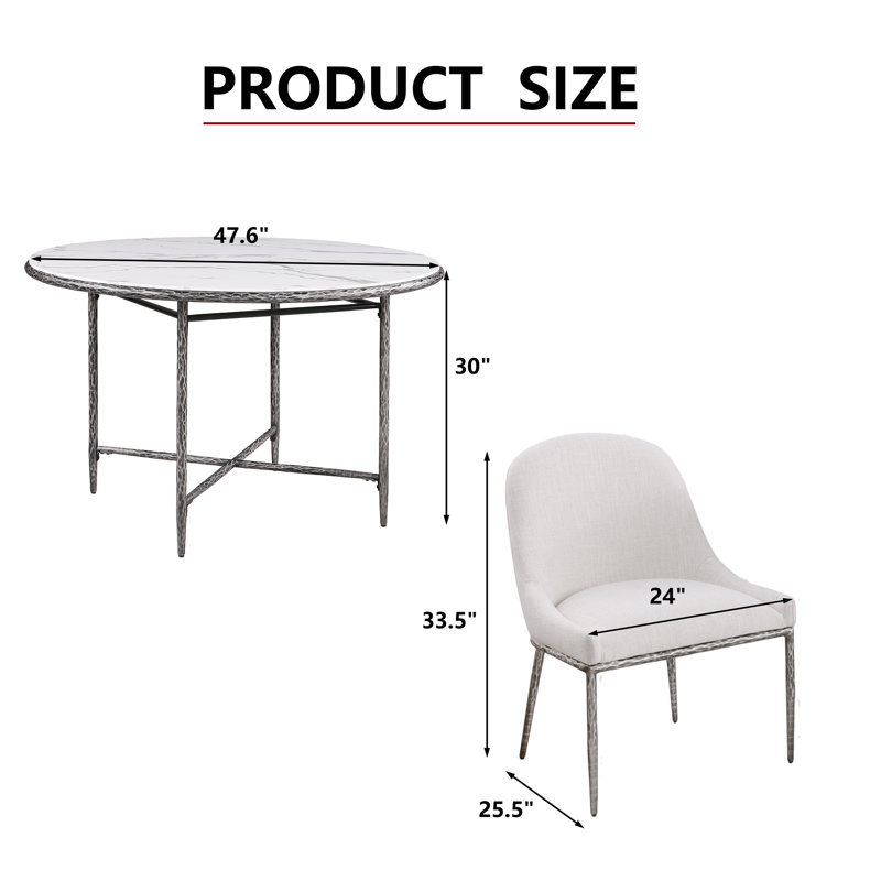 Ensemble de table de salle à manger 5 pièces avec 1 table en marbre et 4 chaises ergonomiques, Argent