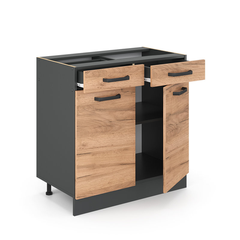 82Cm H x 80Cm W x 46Cm D Oak Base Unit Cabinet, Brown/Grey