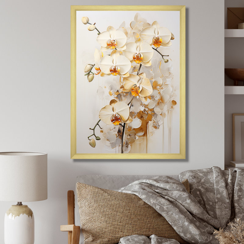 Fleur d'orchidée beige et or II, Cadre doré simple, H 32 po x l 16 po x P 1 po