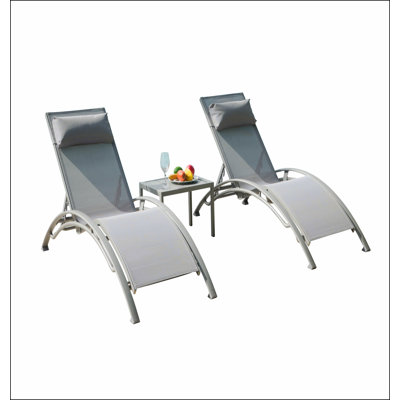 Pool Lounge Chairs Set of 3, Adjustable Aluminum Outdoor Chaise Lounge Chairs with Metal Side Table, All Weather for Deck Lawn Poolside Backyard