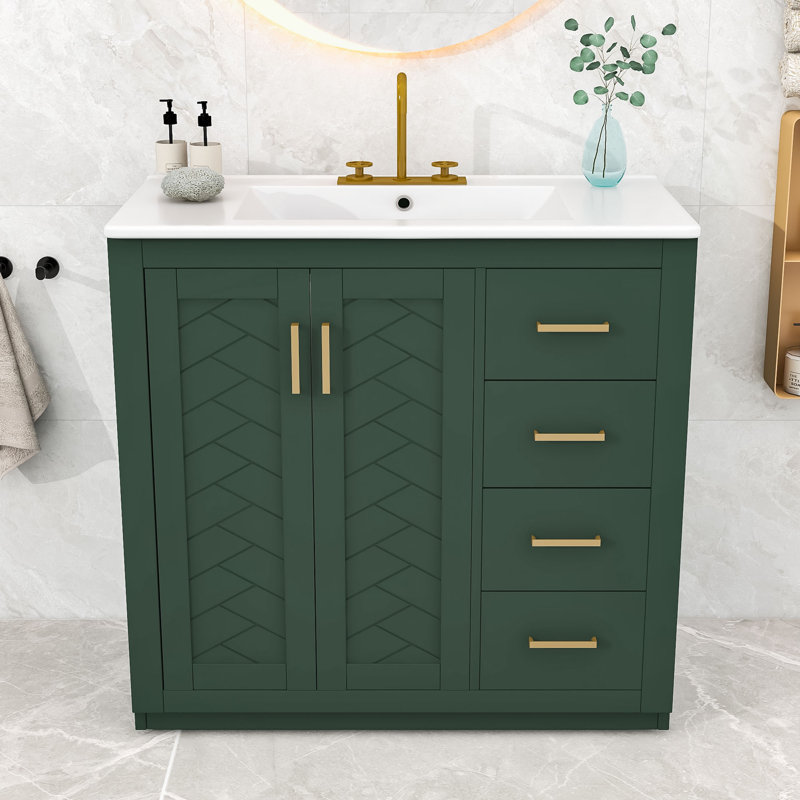 Bathroom Vanity with Ceramic Sink, 3 Drawers and Soft-Closing Doors Cabinet, Green