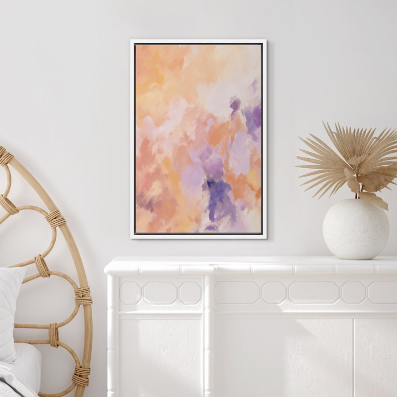 «Peinture abstraite mauve et moderne, coups de pinceau, images encadrées du salon», Cadre blanc, H 36 po x l 24 po