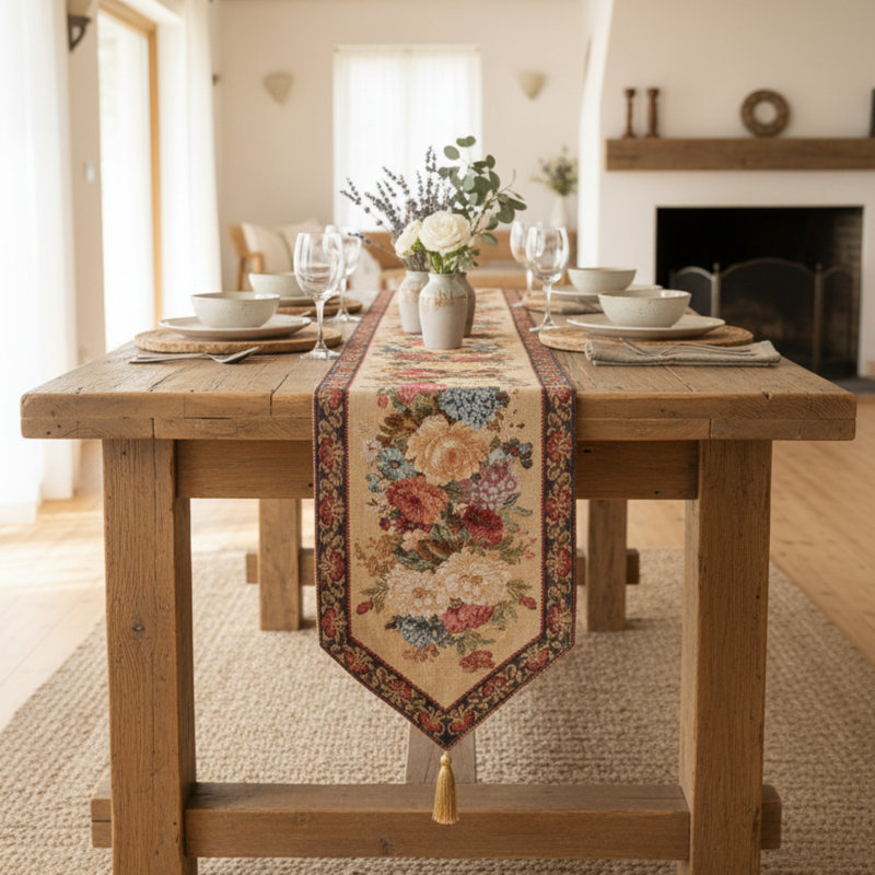 Tache Colorful Country Rustic Floral Morning Awakening Table Runner, 67" L x 13" W, Beige/Red