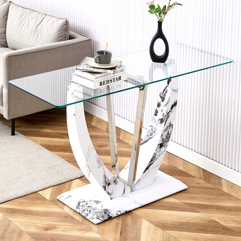 Table rectangulaire moderne en verre minimaliste moderne avec plateau en verre trempé de 0,39 po et pieds en MDF à motif blanc pour l'entrée et le salon.
