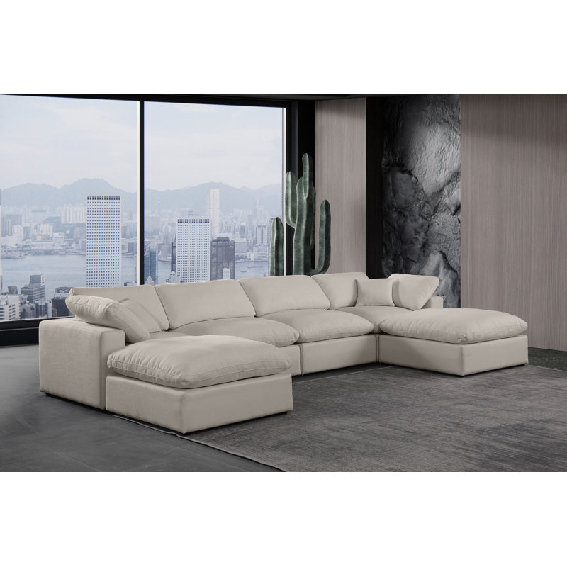Huerres Upholstered U-Shaped Sectional Reversible, Beige Linen Textured Fabric