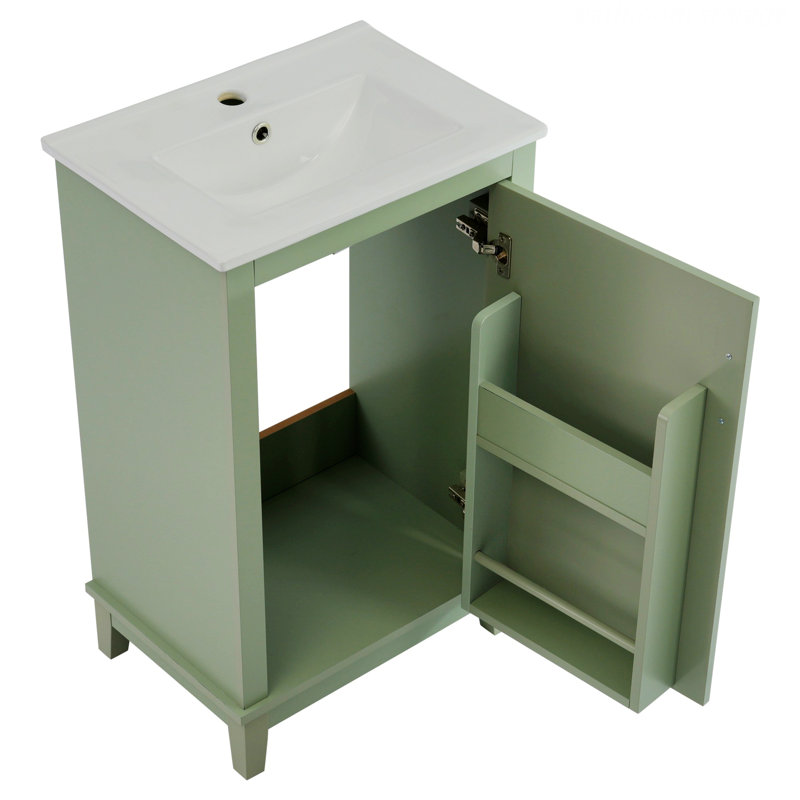 Petit meuble-lavabo de style moderne avec lavabo en céramique et 1 porte à fermeture douce, Vert