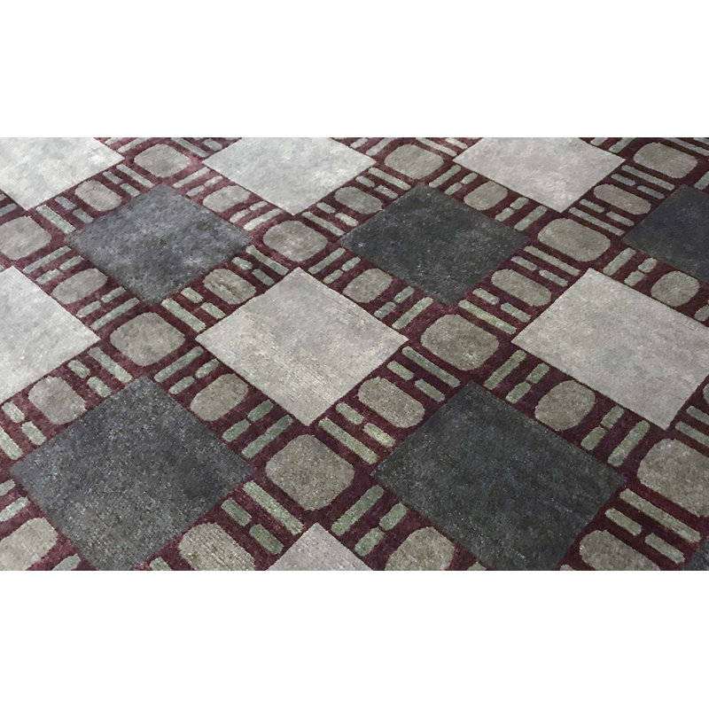 Tapis gris et rouge noué à la main de haute qualité