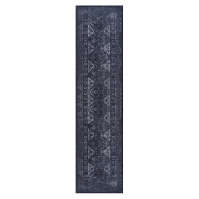 Tapis de couloir lavable à poils courts, sans perte de poils, pour le bureau, la cuisine - 2 pi 6 po x 10 pi antidérapant noir / gris, salle à manger