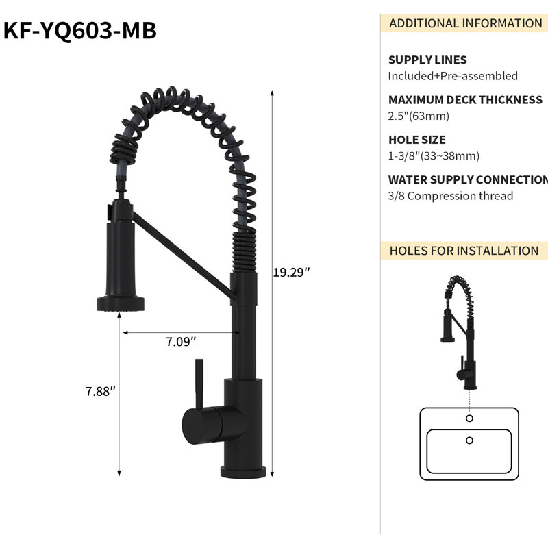 19" Black Kitchen Faucet - Single Handle, Stainless Steel 304 For A Practical Home Bathroom Function Handle In Matt Finish Construction Durability And Modern Style