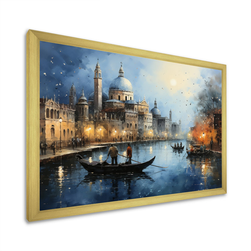 Gris sarcelle canal urbain Venise - imprimé, H 16 po x l 32 po x P 1 po, Encadrement doré