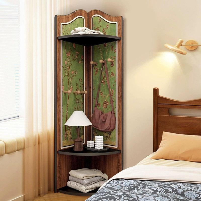 47" Tall Vintage Floral Corner Coat Rack with 3 Shelves & 6 Hooks, Green & Wood Finish