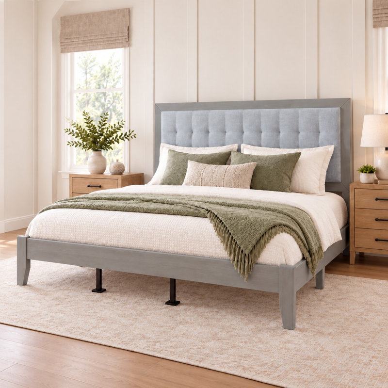 Upholstered Platform Bed with Tufted Headboard and Wood Slat Support