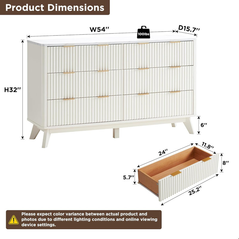 Sladen Fluted Design 6-Drawers Dresser Organizer, Wood Wide Chest of Drawers, White