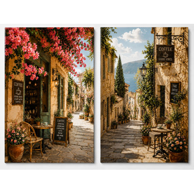 Extra-large Set of 2 Mediterranean Coffee Alley Wall Art Canvas Print Sunny European Cafe Street Decor for Kitchen Dining Room Living Room 24x36 Inch Canvas Print - Ready to hang